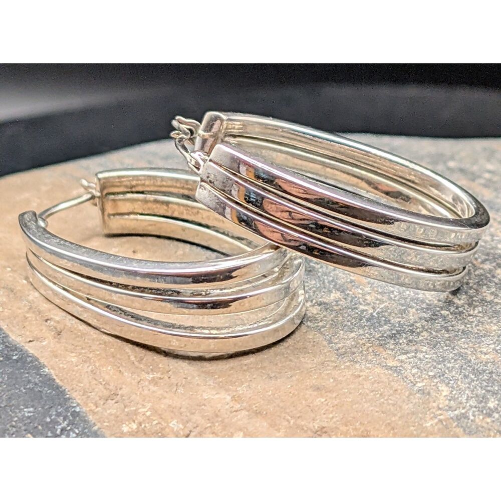 Sterling Silver 925 Triple‑Band Hoop Earrings • 1 Inch Polished Hoops •UMM Finds